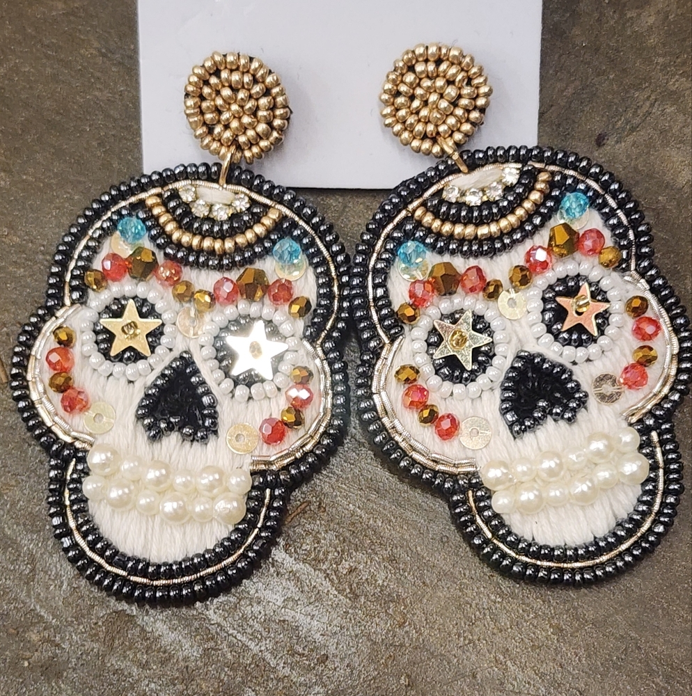Beaded Skull Earrings with Multicolor Accents